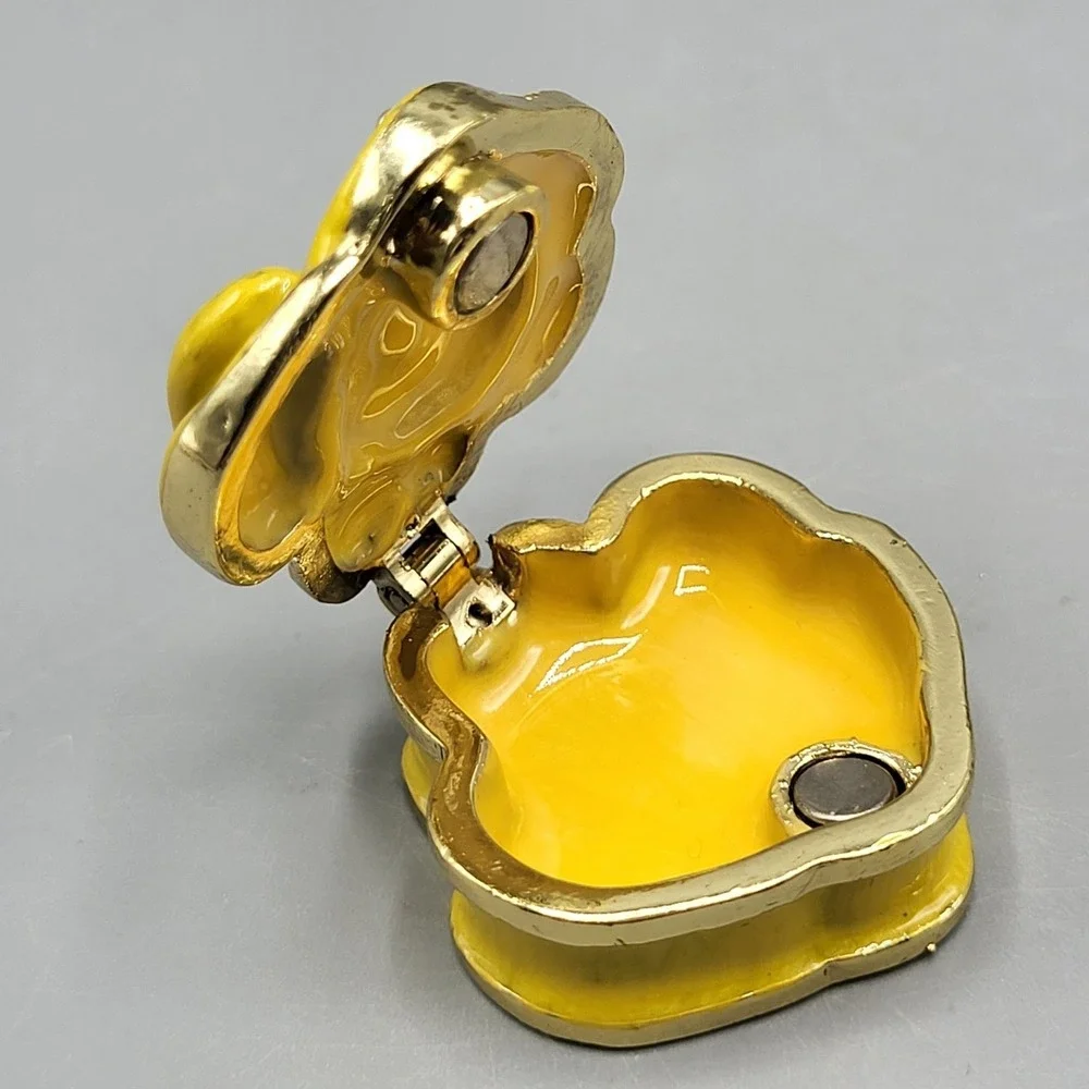 Work of Art Mini Trinket Pill Box Enamel Rose Rhinestone Yellow Shelf Decor